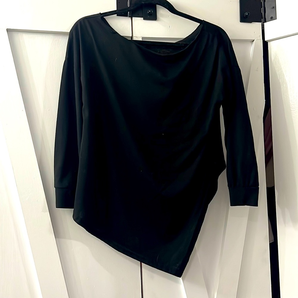 Wide scoop neck, asymmetrical hem black blouse